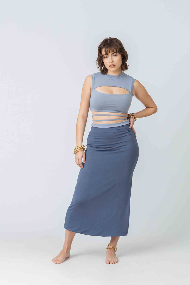 Reversible Odyssey Maxi Skirt in Dusty Blues Bamboo