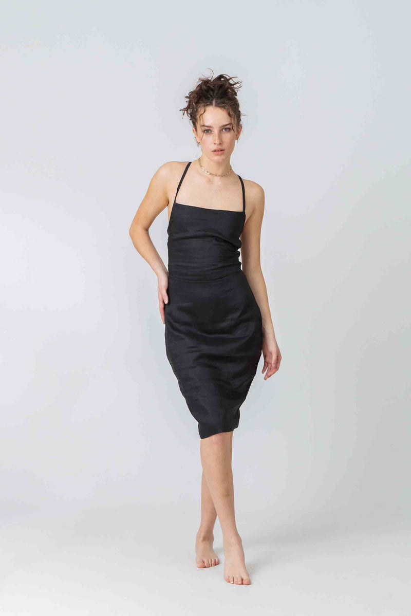 Santa Fe Dress in Black Ramie